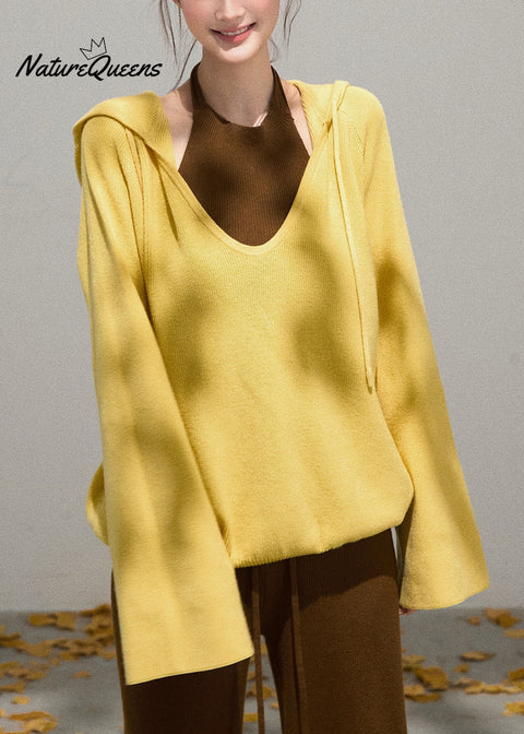 Women Yellow Hooded Knit Pullover Sweatshirt Fall