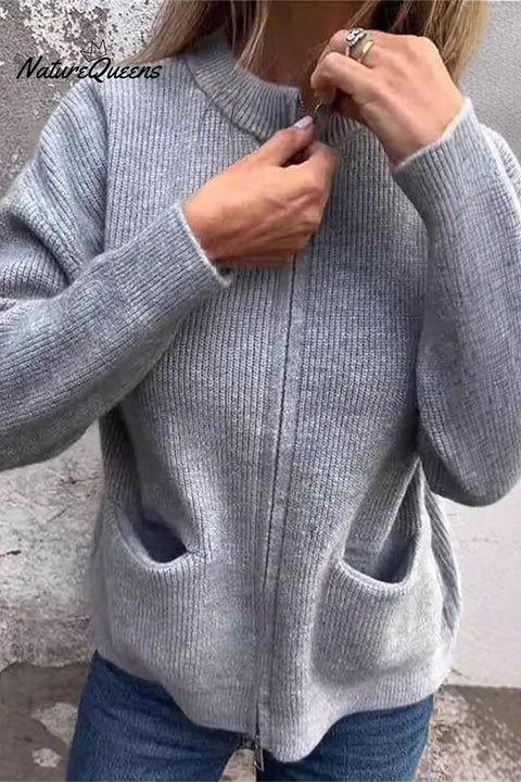 Solid Color Long Sleeve Zipper Pocket Casual Knitted Cardigan