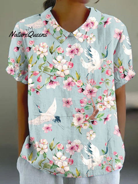 Japanese Sakura Crane Art Retro Short Sleeve Top