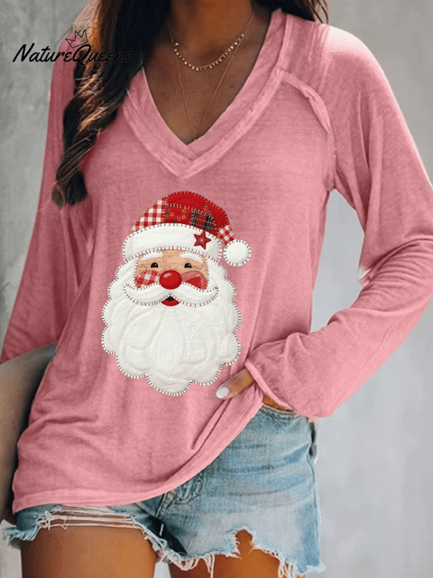 Women's Santa Claus Print V-Neck T-Shirt