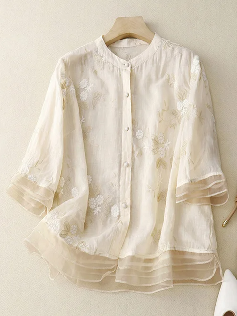 Women's Embroidered Fashion Round Neck Cotton Casual Shirt