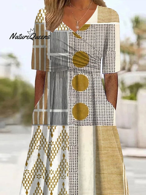 Women's Holiday Casual V-Neck Short Sleeve Contrast Striped Print Dress