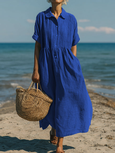 Women's Casual Cotton and Linen Peter Pan Collar Short Sleeve Dress