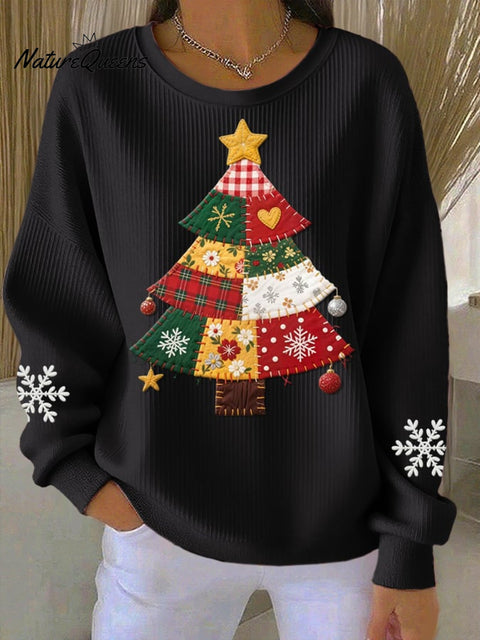 Women's Casual Pink Patchwork Christmas Tree Print Textured Sweatshirt