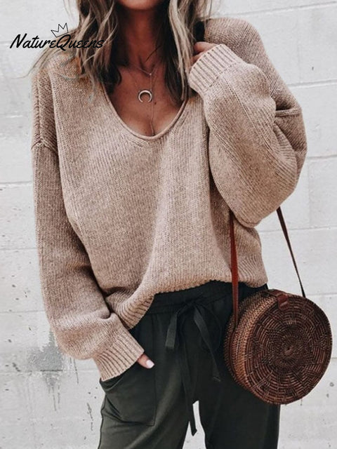 Women's Solid Color Casual V-Neck Sweater