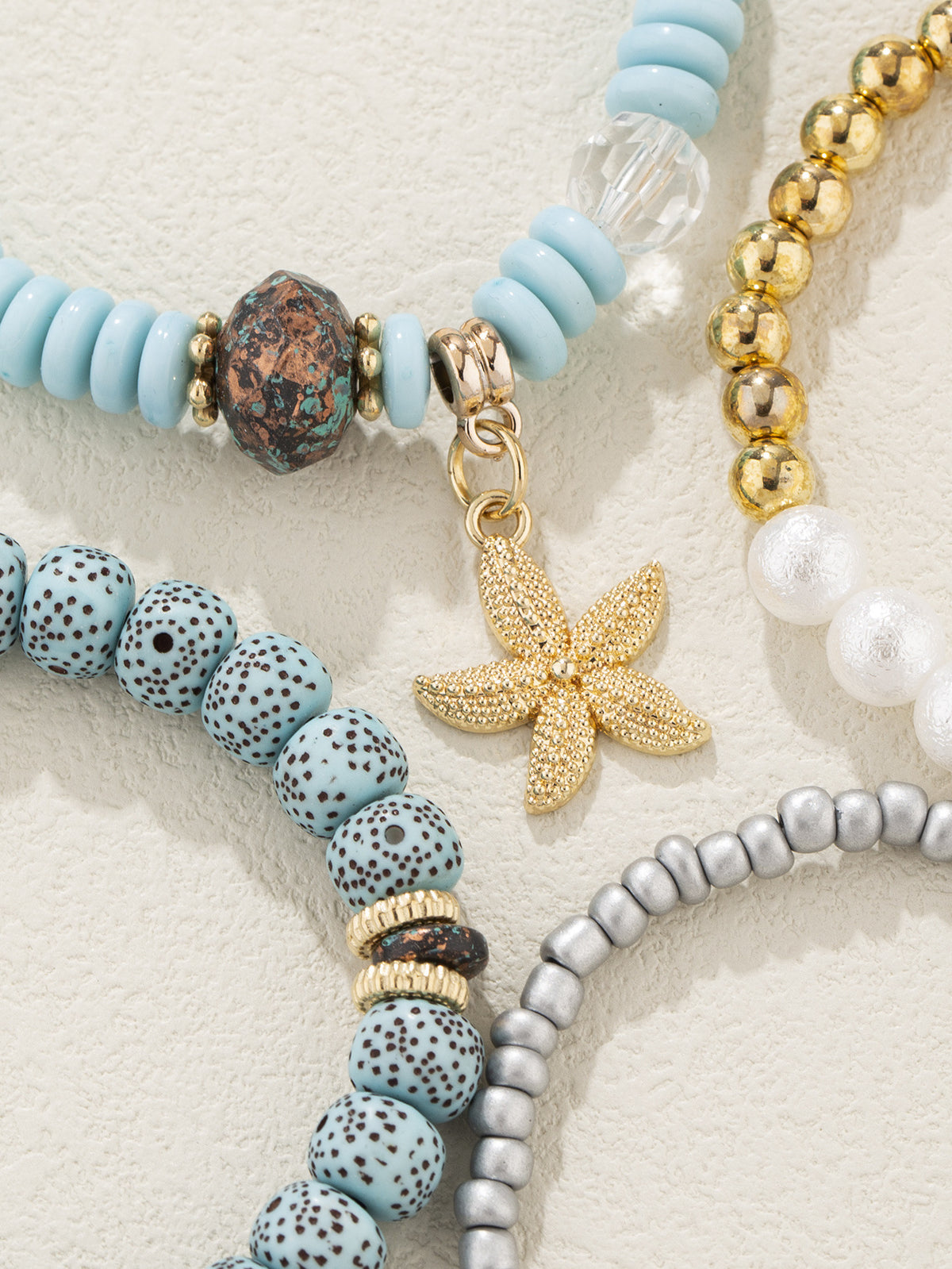4pcs Starfish Pendant Beaded Bracelet Set Blue Color Hand String Jewelry Set Ocean Style