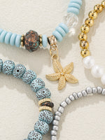 4pcs Starfish Pendant Beaded Bracelet Set Blue Color Hand String Jewelry Set Ocean Style