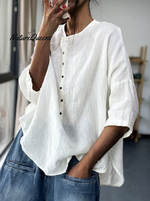 Women’s Loose Casual Cotton Linen Shirt With Irregular Hem And Seven Point Sleeves White / L