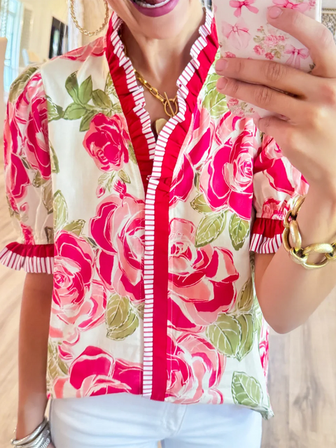 Coral Flower Print Contrast Trim Top