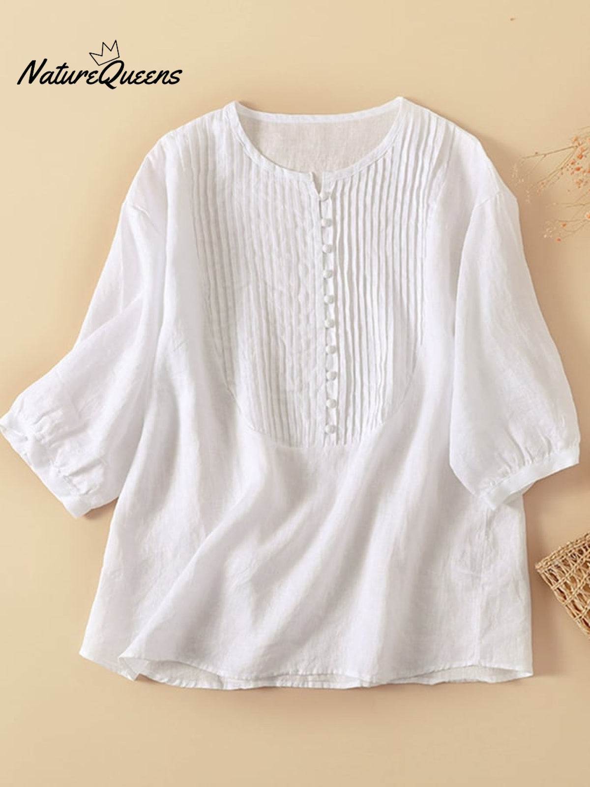 Women’s Pleated Round Neck Casual Cotton And Linen Shirt