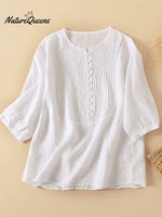 Women’s Pleated Round Neck Casual Cotton And Linen Shirt