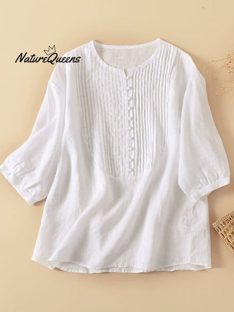 Women’s Pleated Round Neck Casual Cotton And Linen Shirt