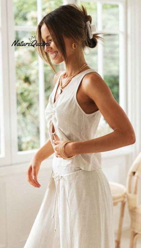 Stylish Front Drawstring & Wide Legs Pants Two-Pieces Suits