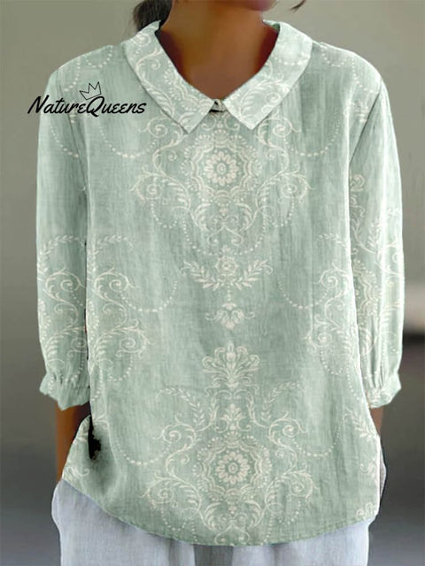 Women's Elegant Artistic Floral Pattern Casual Cotton And Linen Top