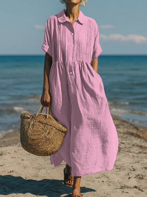 Women's Casual Cotton and Linen Peter Pan Collar Short Sleeve Dress
