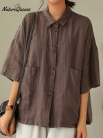 Women's Retro Lapel Solid Color Casual Cotton And Linen Shirt