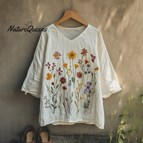 Boho Floral Tribal Embroidery Print Cotton And Linen Blend Loose Blouse