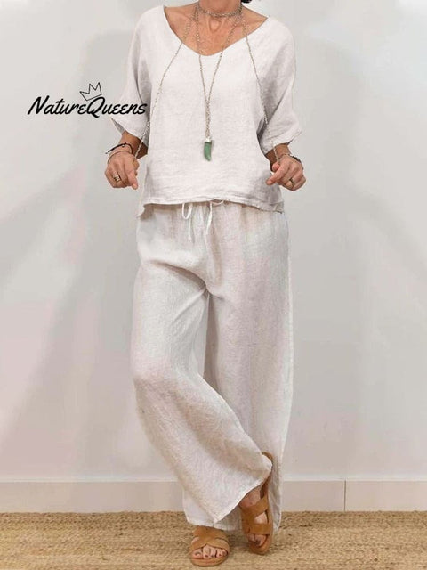 Solid Color Casual Half Sleeve Top&Pants Set