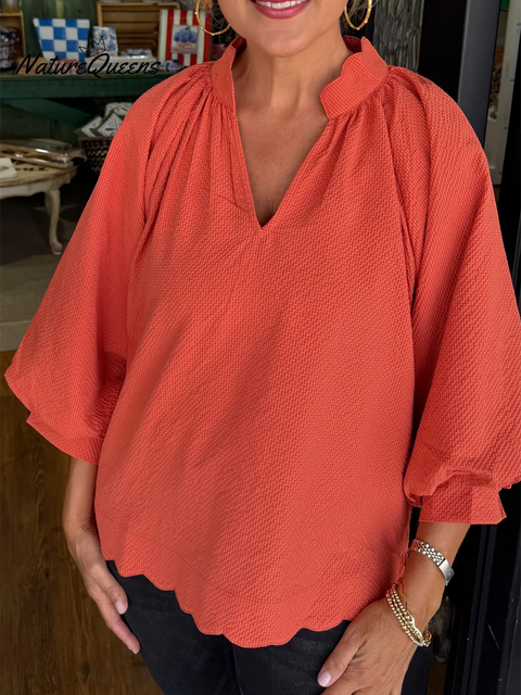 Women's Casual Loose V-neck Lantern Sleeve Top