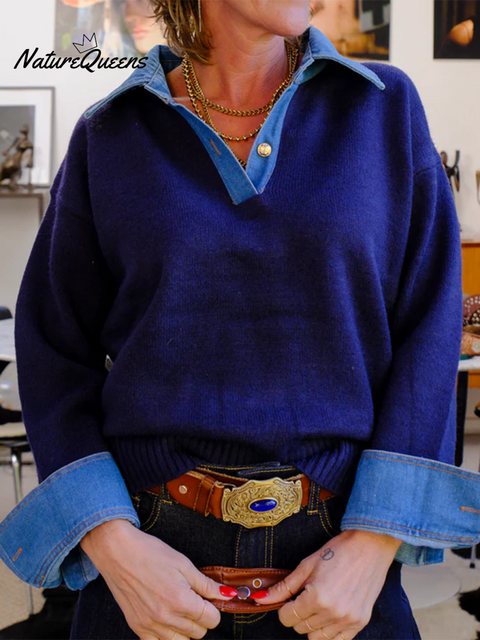 Casual Denim Stitching Metal Button Polo Collar Sweater