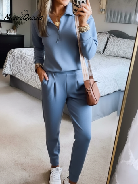 Casual Travel Lapel Zipper Sweatshirt and Pants Two-piece Set
