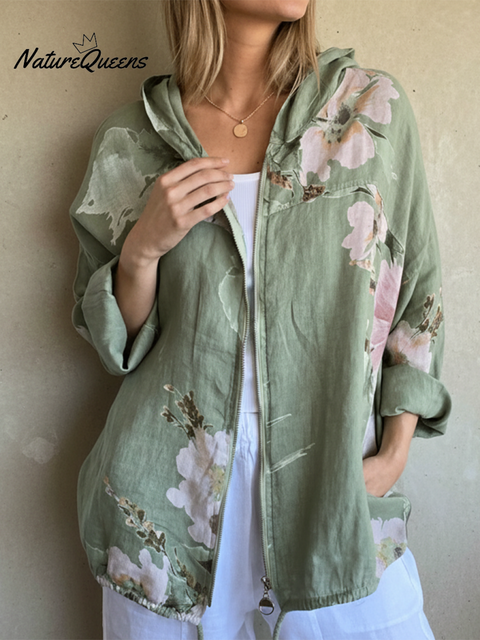 Women's Floral Print Hooded Zip-Up Jacket
