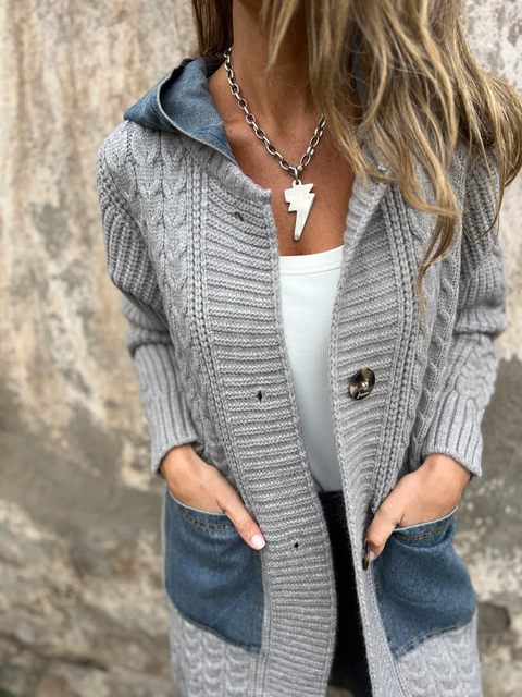 Casual Denim Patchwork Knitted Cardigan Jacket