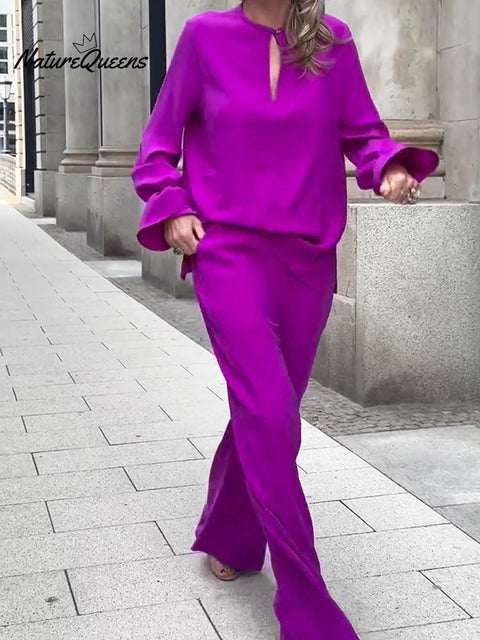 Women's Solid Color Button-down Top and Straight-leg Pants Suit