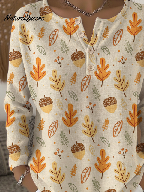 Forest Autumn Pine Cone and Leaf Print Cotton Shirt