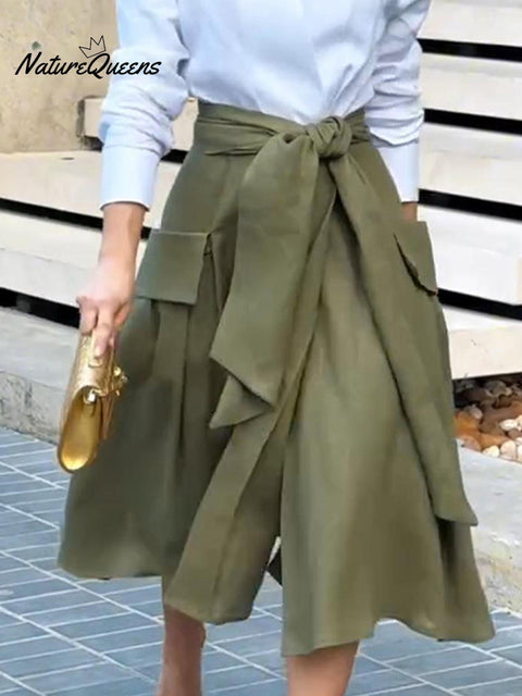 Women's Elegant Tie Pocket Decorated Linen Skirt