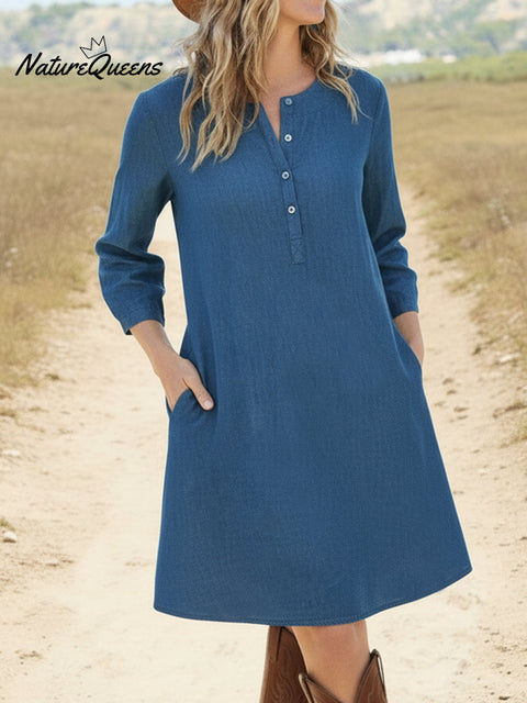Casual Solid Henley Neck A-Line Cotton Dress