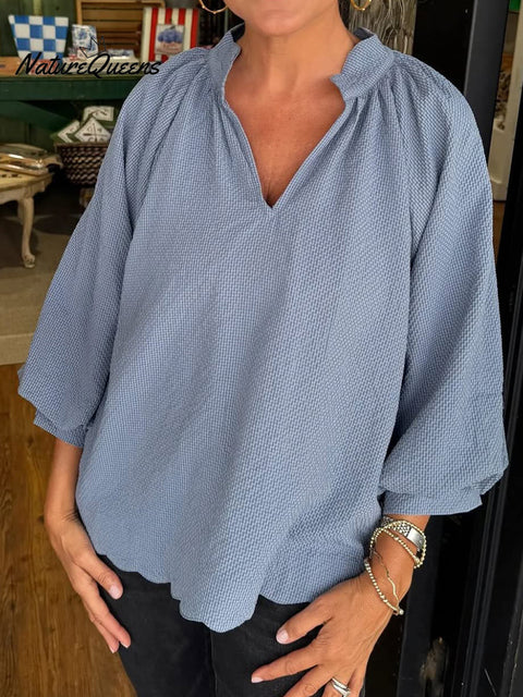 Women's Casual Loose V-neck Lantern Sleeve Top