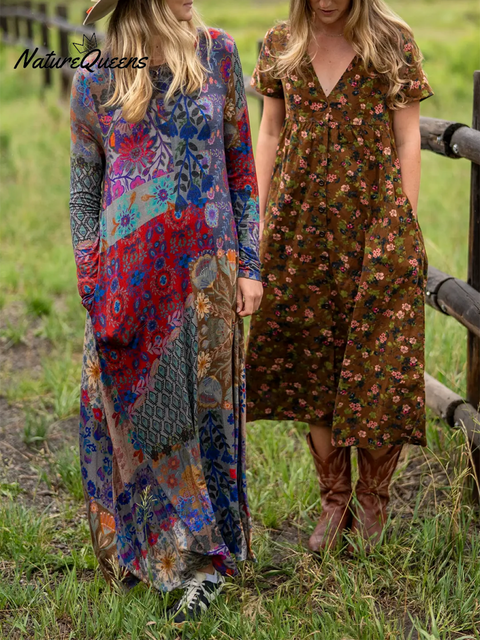 Women's Boho Floral Print Stretch Dress