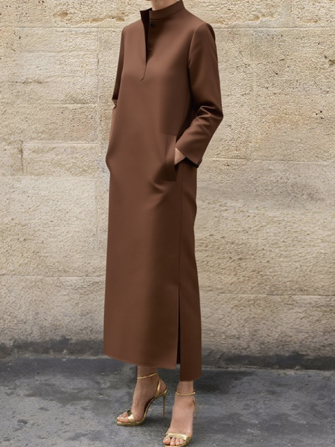 Classic Solid Color Stand Collar Pocket MAXI Dress