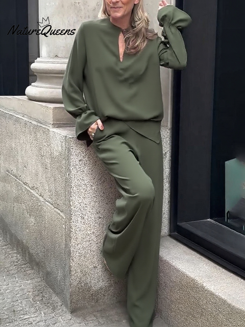 Women's Solid Color Button-down Top and Straight-leg Pants Suit