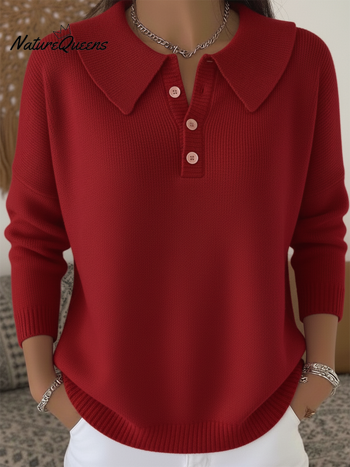 Women's Peter Pan Button Solid Color Sweater Top