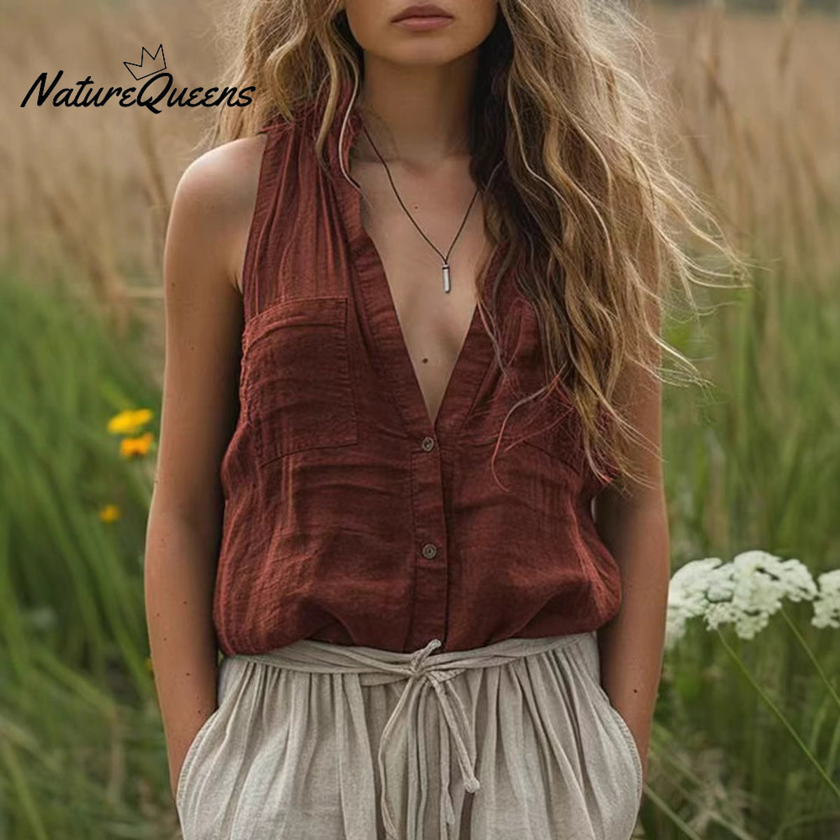 Women'sCotton and Linen Solid Color V-Neck Pocket Sleeveless Shirt