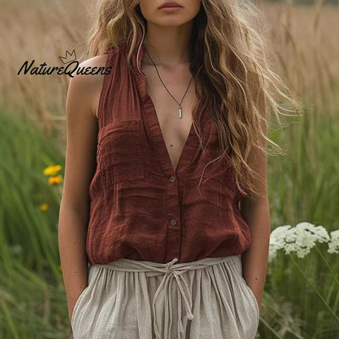 Women's  Cotton and Linen Solid Color V-Neck Pocket Sleeveless Shirt