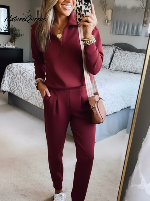 Casual Travel Lapel Zipper Sweatshirt and Pants Two-piece Set