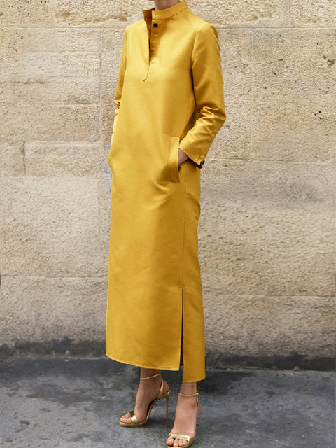 Classic Solid Color Stand Collar Pocket MAXI Dress
