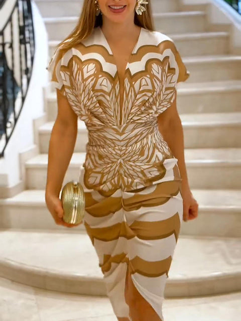 Elegant Floral Print V-neck Midi Dress