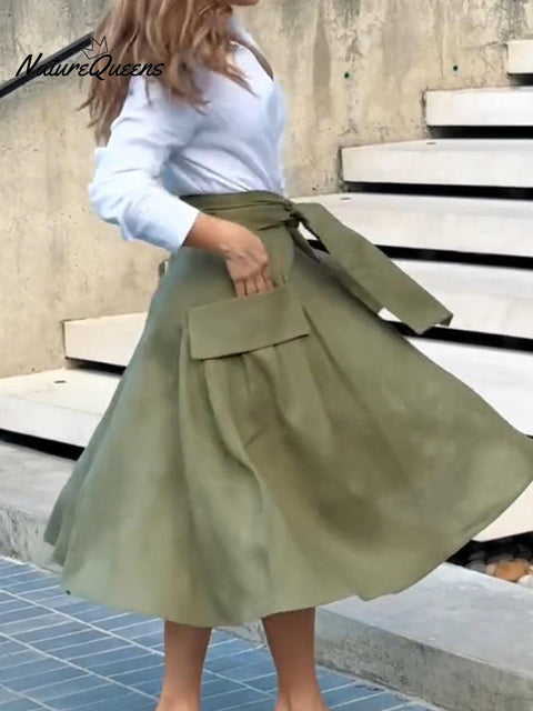 Women's Elegant Tie Pocket Decorated Linen Skirt