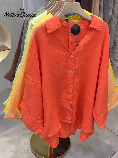 Women's Loose V-neck Batwing Sleeve Long-sleeved Linen Shirt