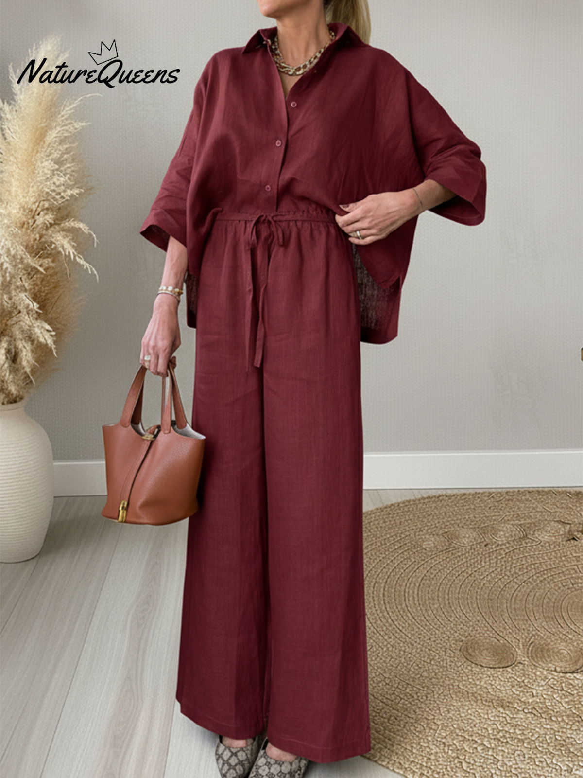 Women's Casual Solid Color Linen Shirt Wide-leg Pants Two-piece Suit