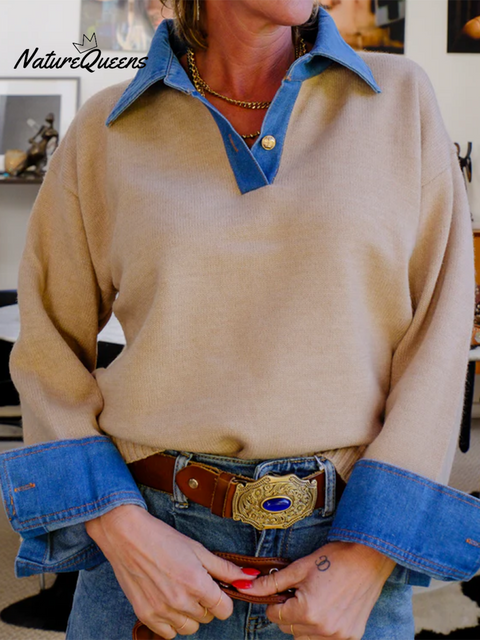 Casual Denim Stitching Metal Button Polo Collar Sweater