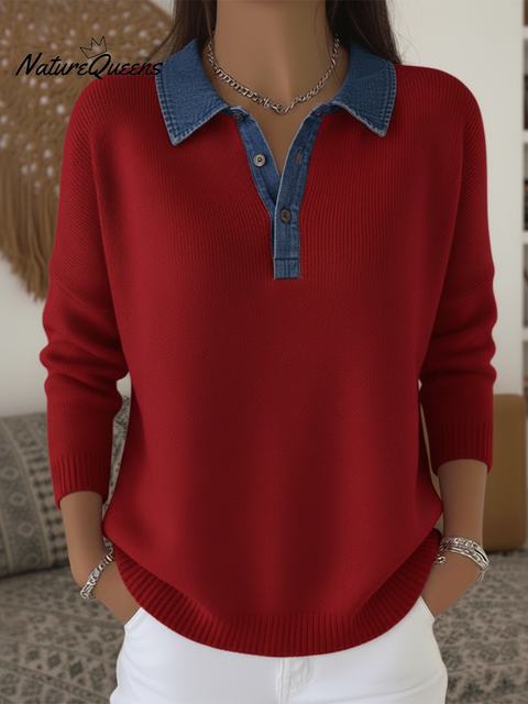Retro Denim Patchwork Polo Collar Knitted Sweater Top