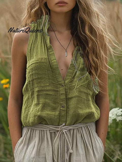 Women's  Cotton and Linen Solid Color V-Neck Pocket Sleeveless Shirt