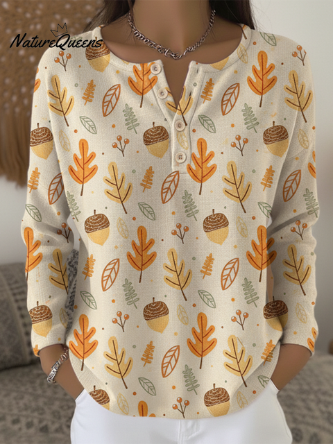 Forest Autumn Pine Cone and Leaf Print Cotton Shirt