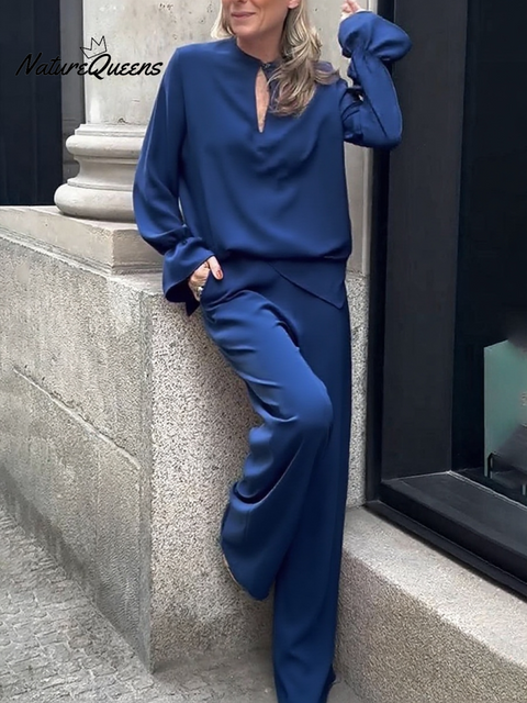 Women's Solid Color Button-down Top and Straight-leg Pants Suit