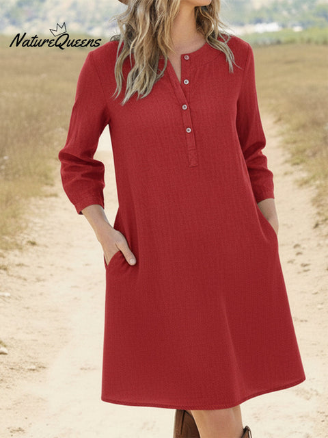 Casual Solid Henley Neck A-Line Cotton Dress